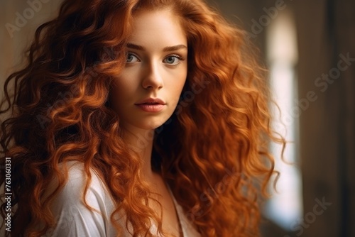 A woman with long red hair posing for a picture. Suitable for lifestyle and beauty concepts