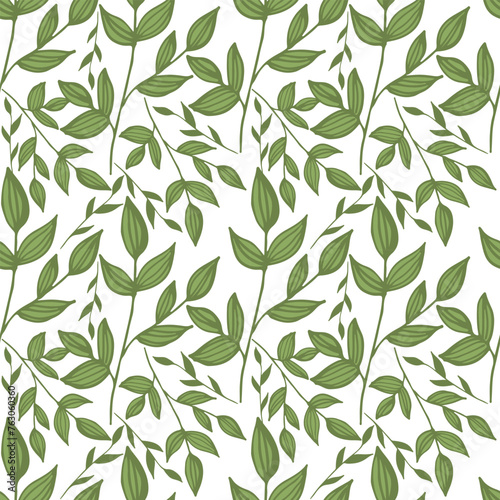 Seamless pattern of different tree, foliage natural branches, green leaves, herbs, tropical plant hand drawn Vector fresh beauty rustic eco friendly background on white