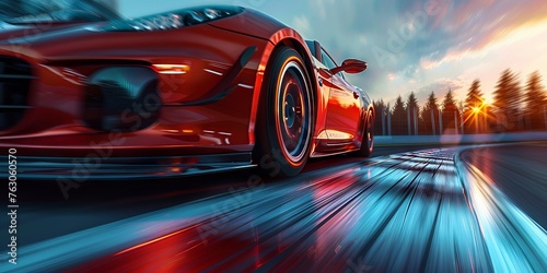 A red sports car is speeding down a wet road. Generative AI © Natee Meepian