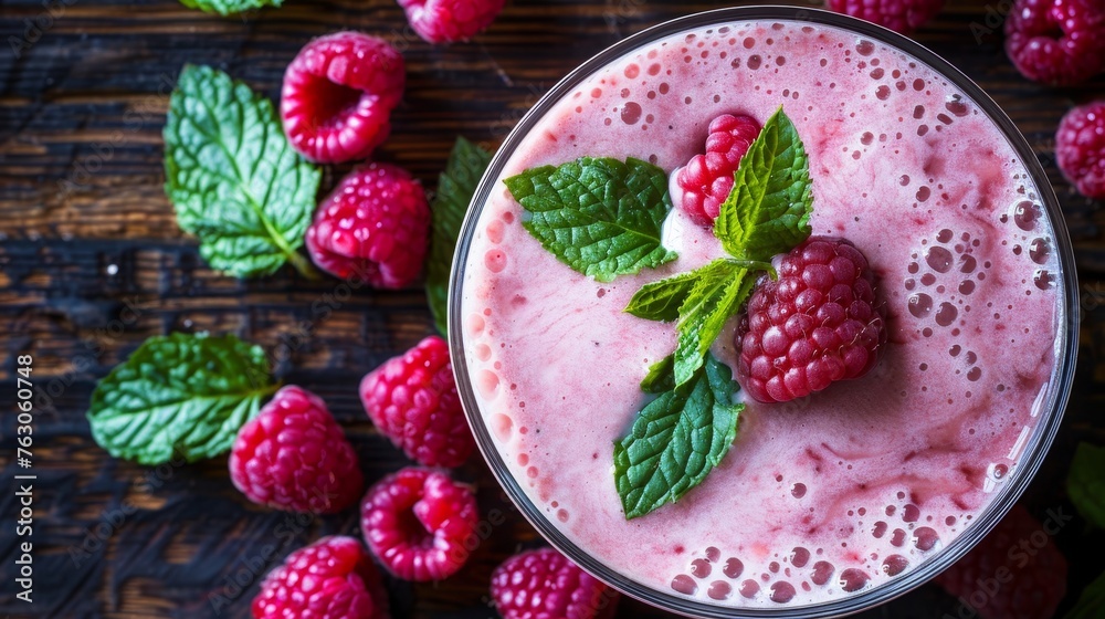 Selective focus on refreshing raspberry smoothie for detox diet and healthy vegetarian eating