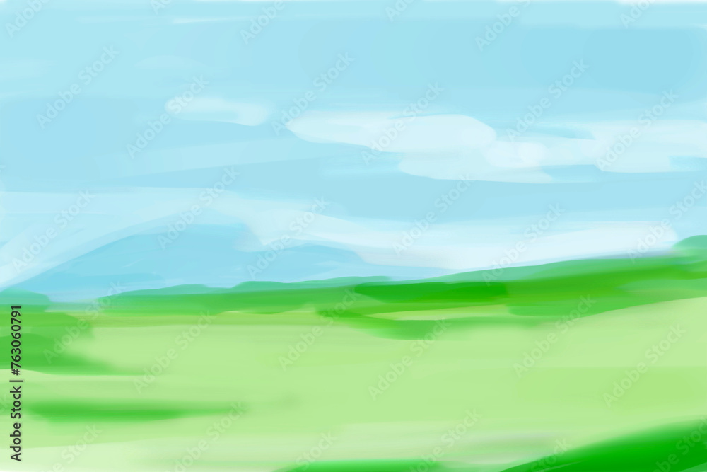 青空と緑の野原の風景イラスト素材
