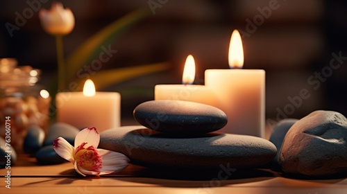 Group of candles on a wooden table, suitable for home decor or cozy atmosphere