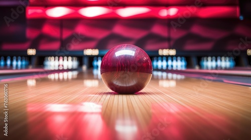 A bowling ball placed on a wooden floor, suitable for sports and recreation concepts