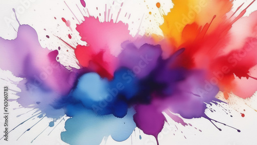 watercolor splashes on a white background. yellow, purple, and blue colors flow into each other.Abstract watercolor splatter over white background 