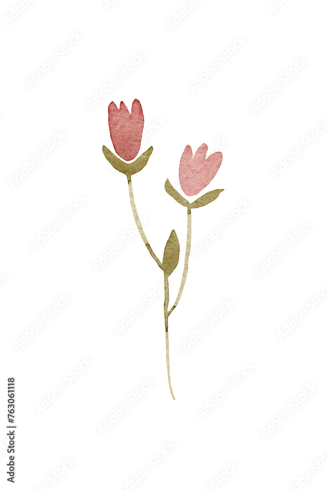 Simple abstract hand drawn red flower. Spring botanical flat watercolor illustration in pinks reds greens