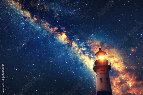 A lighthouse with a shining light at the top. Suitable for various design projects photo