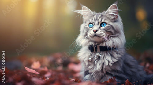 Portrait of a cat in a beautiful collar. blurred background © Cybonix