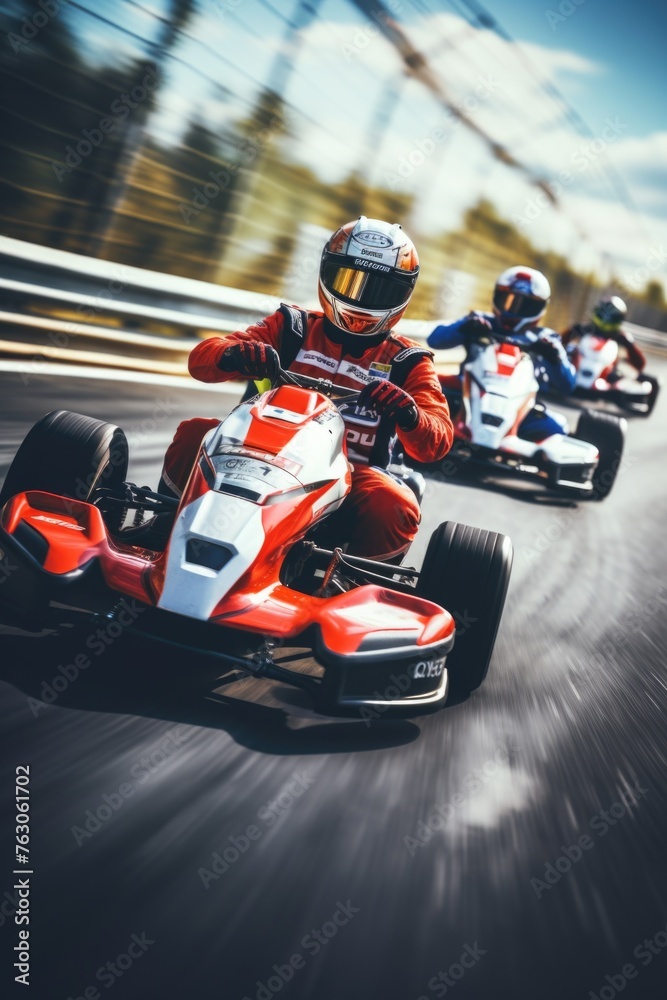 High-speed go-karts racing on a dynamic track. Suitable for sports and competition concepts