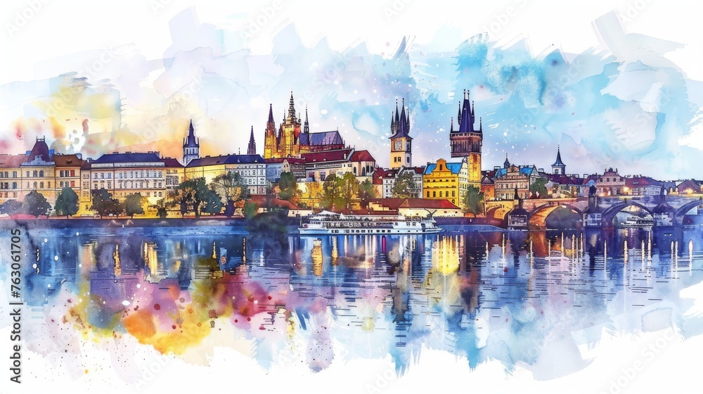 Watercolor illustration of European cityscape along river, panoramic urban landscape