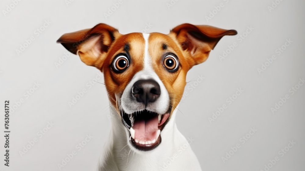 Portrait of shocked dog unexpected gift surprise disco