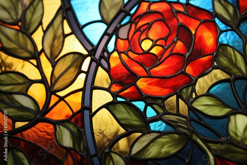 Close-up shot of a beautiful rose design in a stained glass window. Perfect for interior design projects