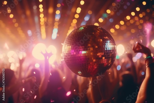 A disco ball shining in a crowded venue. Perfect for party or event concepts