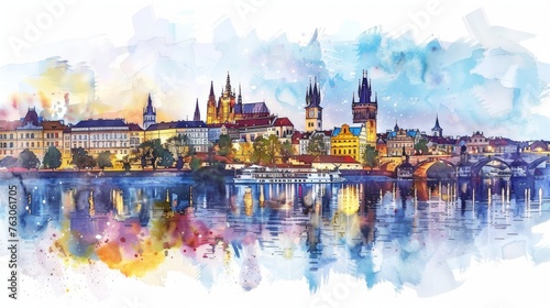 Watercolor illustration of European cityscape along river  panoramic urban landscape