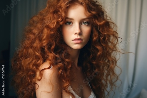 A woman with long red hair posing for a picture. Suitable for various projects