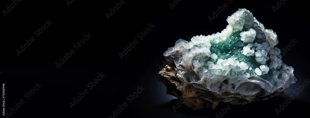 Jadarite is rare precious natural stone on black background. AI generated. Header banner mockup with space. Jadarite is rare precious natural stone on black background. AI generated. Header banner mockup with space.