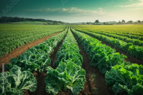 field of fresh kale vegetables ready to harvest. agriculture, farming and harvesting concept