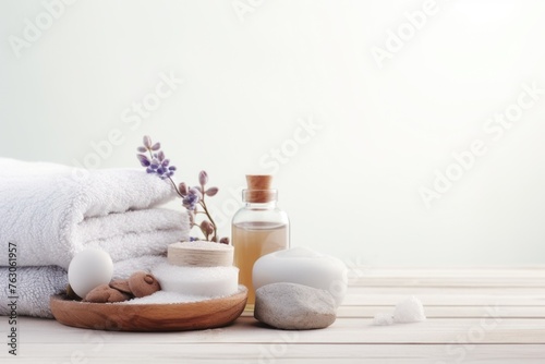 A bottle of essential oils and white towels on a wooden table. Ideal for spa and wellness concepts