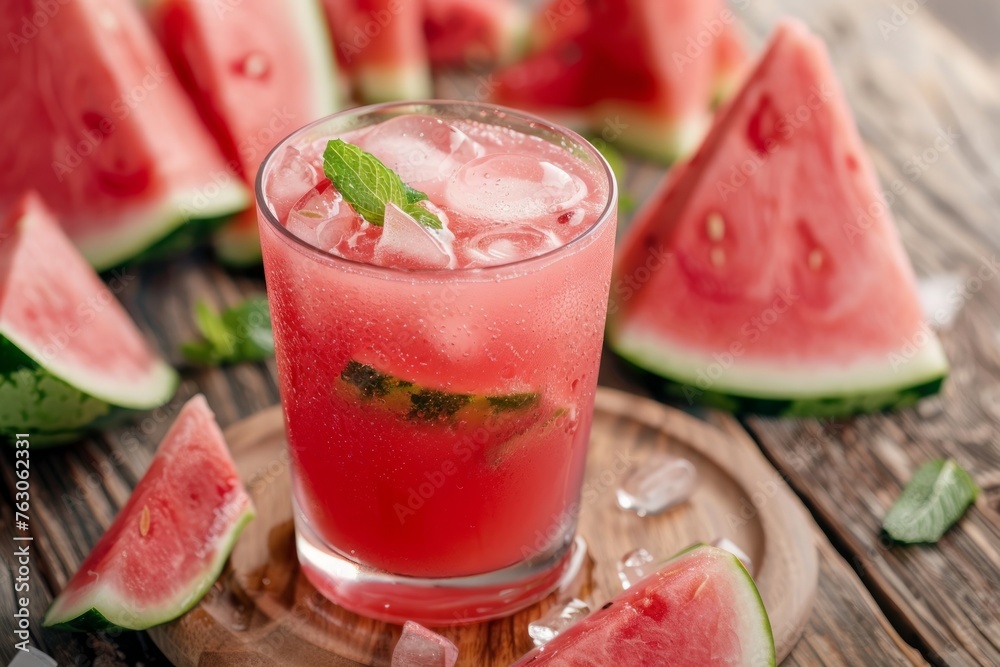 Glass with natural watermelon drink with ice on a wooden table with fruit around. Elevated view. Horizontal composition. Glass with natural watermelon drink with ice on a wooden table with fruit around. Elevated view. Horizontal composition.