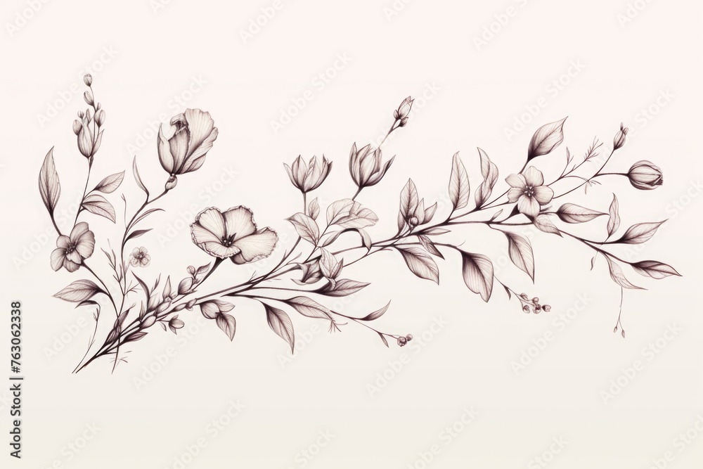 Detailed drawing of a branch with blooming flowers. Suitable for botanical illustrations