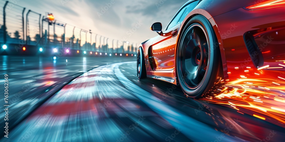A red sports car is speeding down a wet track. Generative AI - obrazy, fototapety, plakaty 