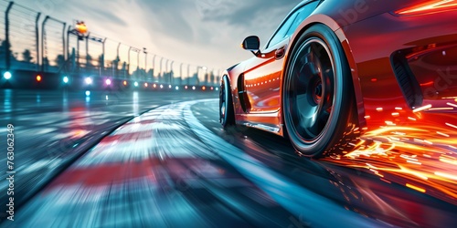 A red sports car is speeding down a wet track. Generative AI © Natee Meepian