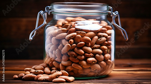 Raw pinto beans in glass jar on wooden background. 