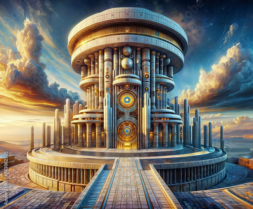 Futuristic temple in the lost city of Atlantis. Fantasy art. photo