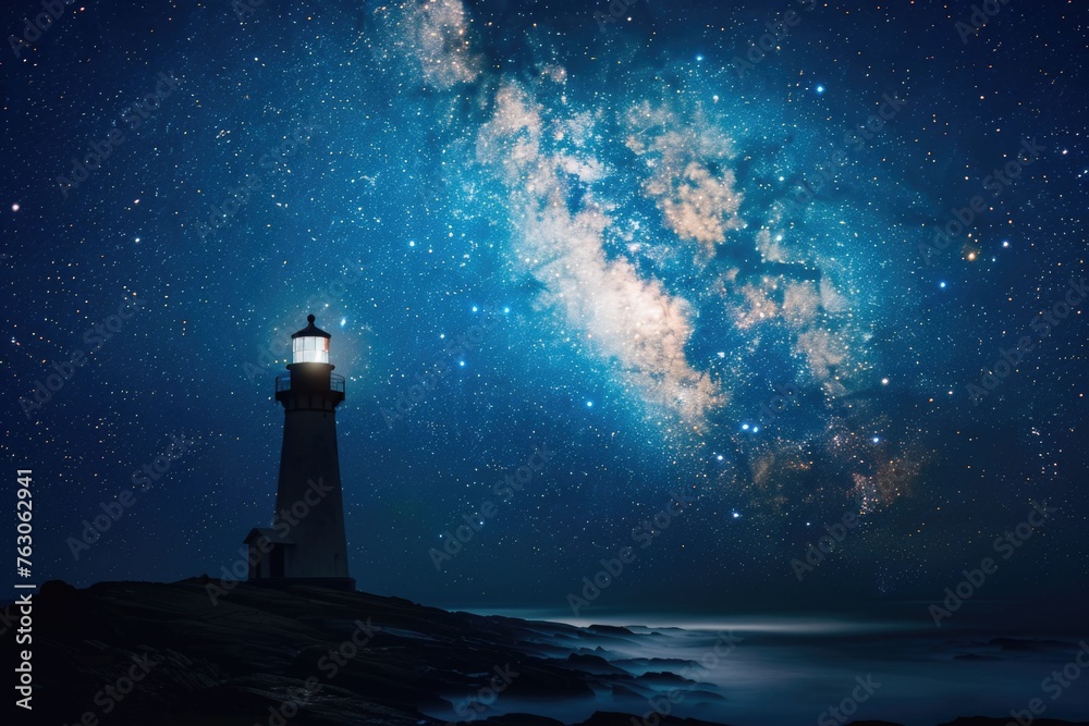 A picturesque lighthouse standing on a rocky shore under a starry night sky. Ideal for travel or maritime concepts A picturesque lighthouse standing on a rocky shore under a starry night sky. Ideal for travel or maritime concepts