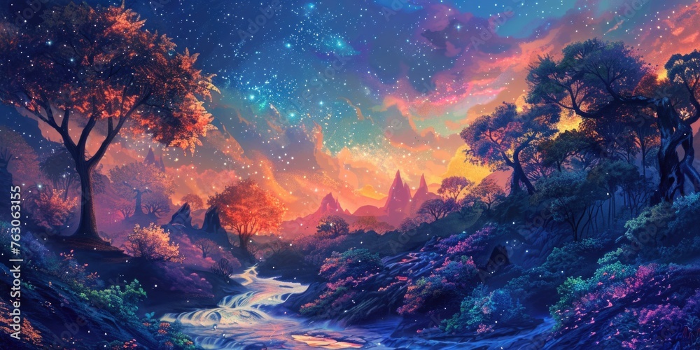 A serene painting of a waterfall in a lush forest. Perfect for nature lovers A serene painting of a waterfall in a lush forest. Perfect for nature lovers