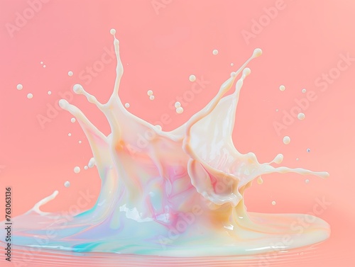 A vibrant splash of milk with pastel tones captured in motion against a soft pink backdrop.