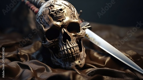 A skull and knife placed on a cloth. Suitable for horror themes