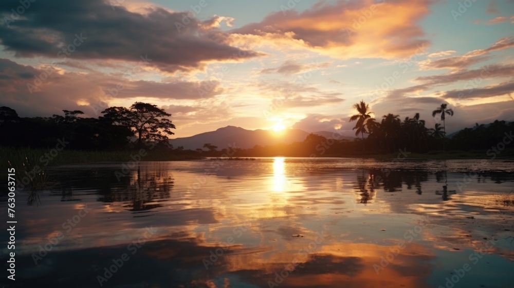 Scenic view of sunset reflecting on water surface, perfect for travel brochures or relaxation themes