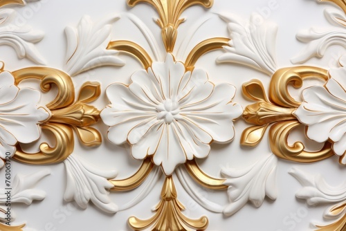 Detailed shot of gold and white wall decorations, suitable for interior design projects