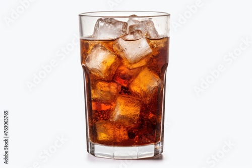 A glass of soda with ice cubes, perfect for beverage advertisements