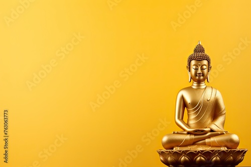 Buddha statue on golden background and copy space - generative ai