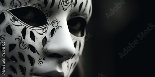Detailed close-up of a white mask with intricate black designs. Perfect for Halloween or masquerade themes