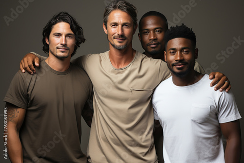 Portrait of four t-shirt men, two of whom are Caucasian and two are African.