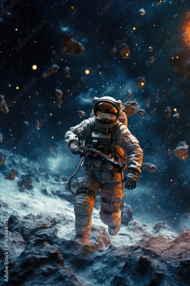 An astronaut in a space suit walking on a rocky surface. Suitable for science fiction or space exploration concepts