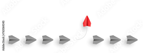 Individuality concept. Individual and unique leader red paper plane flies to side. Vector