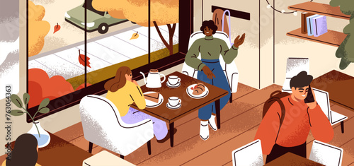 Cozy cafe interior. Women friends sitting at table in coffeeshop, modern city coffeehouse, bakery. People talking, relaxing in coffee shop at leisure, autumn in window. Flat vector illustration