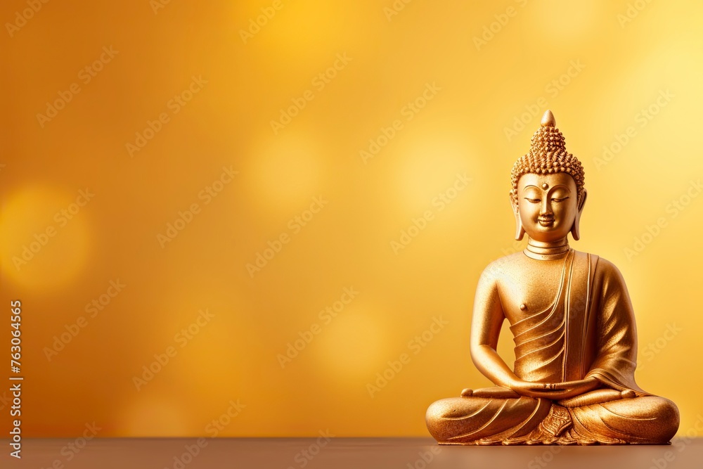 Buddha statue on golden background and copy space - generative ai