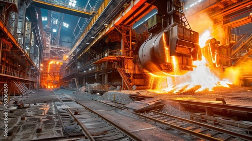 A modern steel mill with glowing furnaces and molten metal, showcasing the steel industry's power and energy