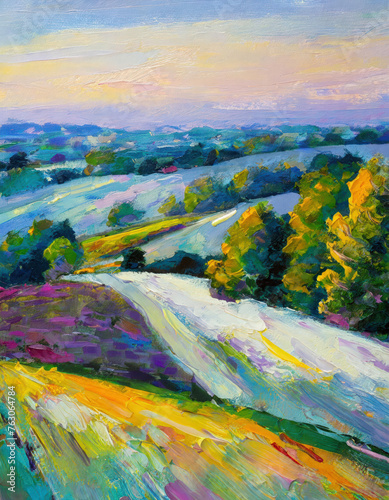 An acrylic painted scene, rendered in the impressionist style, capturing the charm of rolling hills and verdant landscapes