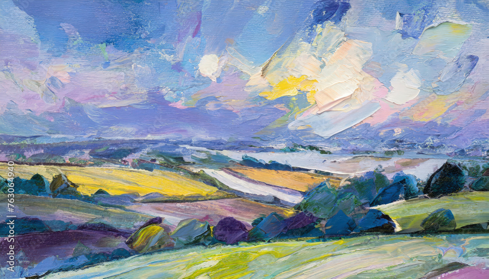 An acrylic painted scene, rendered in the impressionist style, capturing the charm of rolling hills and verdant landscapes An acrylic painted scene, rendered in the impressionist style, capturing the charm of rolling hills and verdant landscapes