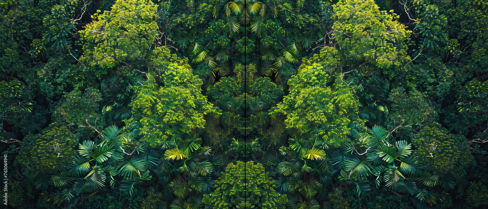 Aerial drone shot top-down bird's eye view, mirror image, jungle rainforest canopy, symmetrical vibrant eco nature background, isolated, abstract organic nature-inspired natural textures banner