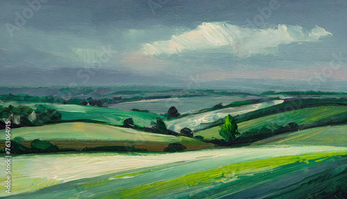 An acrylic painted scene, rendered in the impressionist style, capturing the charm of rolling hills and verdant landscapes