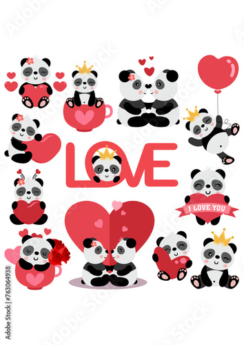 Fototapeta Naklejka Na Ścianę i Meble -  Set of valentines day cute panda