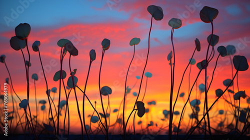 Silhouettes of sprouts against a colorful sunset