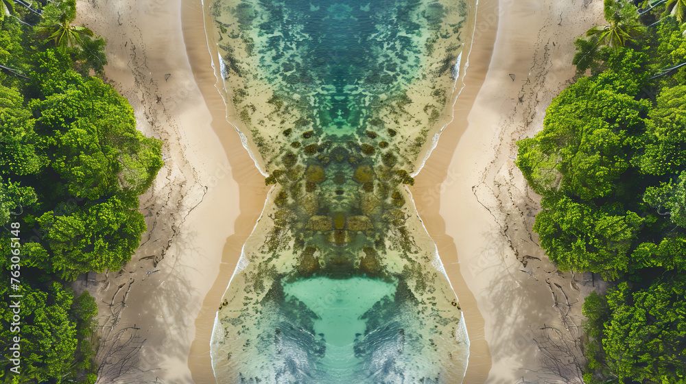 Aerial drone shot top-down bird's eye view, mirror image, tropical beach in paradise, symmetrical vibrant eco nature background, isolated, abstract organic nature-inspired natural textures banner