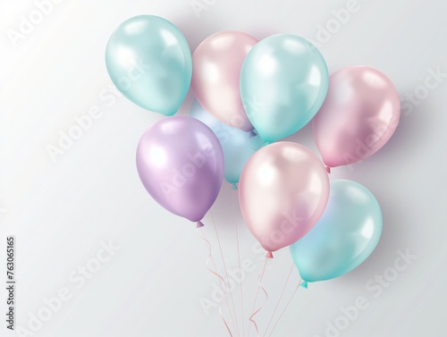 A cluster of pastel-colored balloons in a light and airy setting, depicting celebration and joy.